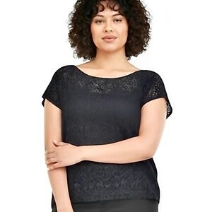 Alfred Dunner Women’s Black Floral Lace Overlay Short Sleeve Top Size M NWOT